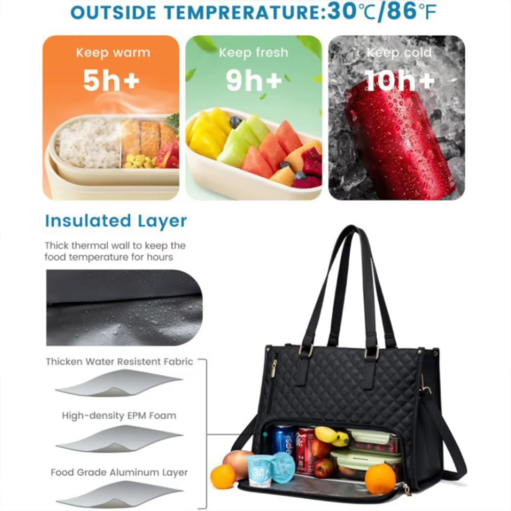 Lunch Bag for Women 15.6 Inch 2-In-1 Lunch Tote Bag Combo Laptop Bag Multipurpose Large Capacity Bag for Outdoor Camping