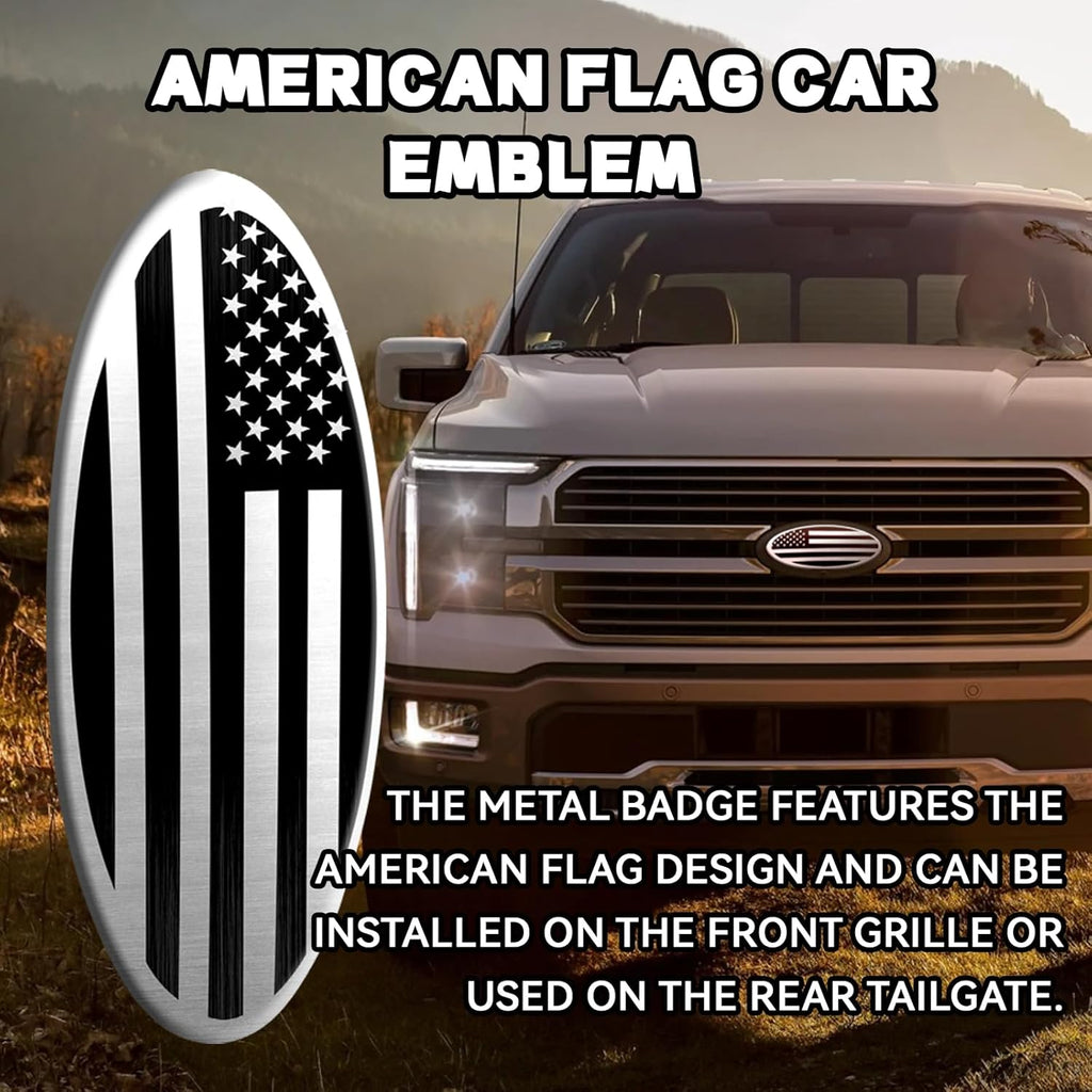 Silver American Flag Tailgate Emblem for Ford F150, F250, F350 - 9 Inch Aluminum Oval Overlay for Front Grill and Rear Tailgate