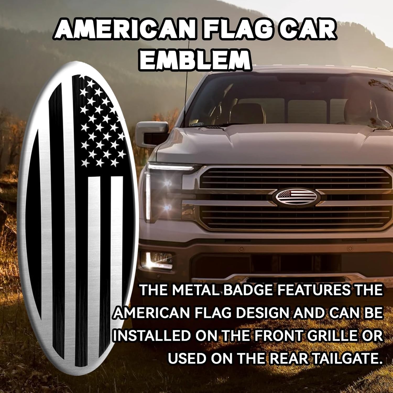 Silver American Flag Tailgate Emblem for Ford F150, F250, F350 - 9 Inch Aluminum Oval Overlay for Front Grill and Rear Tailgate