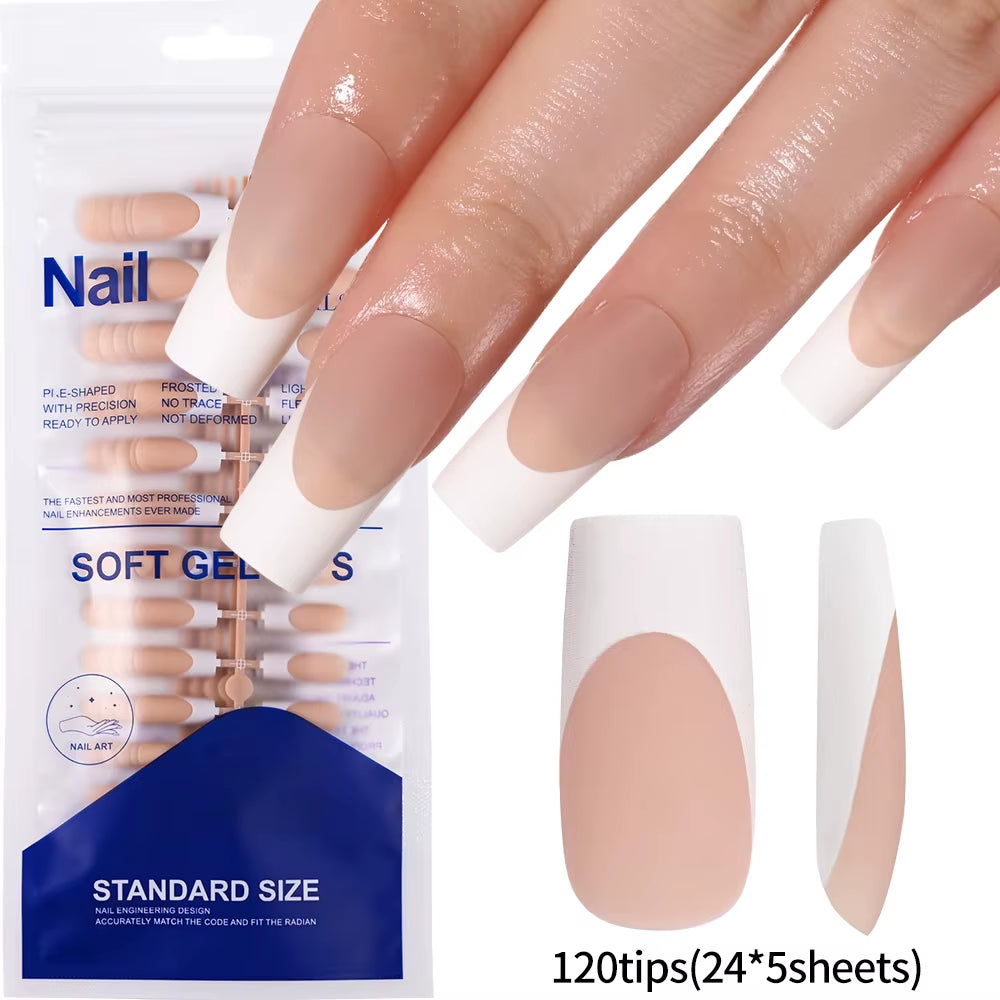 120Pcs Medium Long Square Acrylic French Fake Nails Full Cover Wearable French Press on Nails for Women Mixed Size False Nails