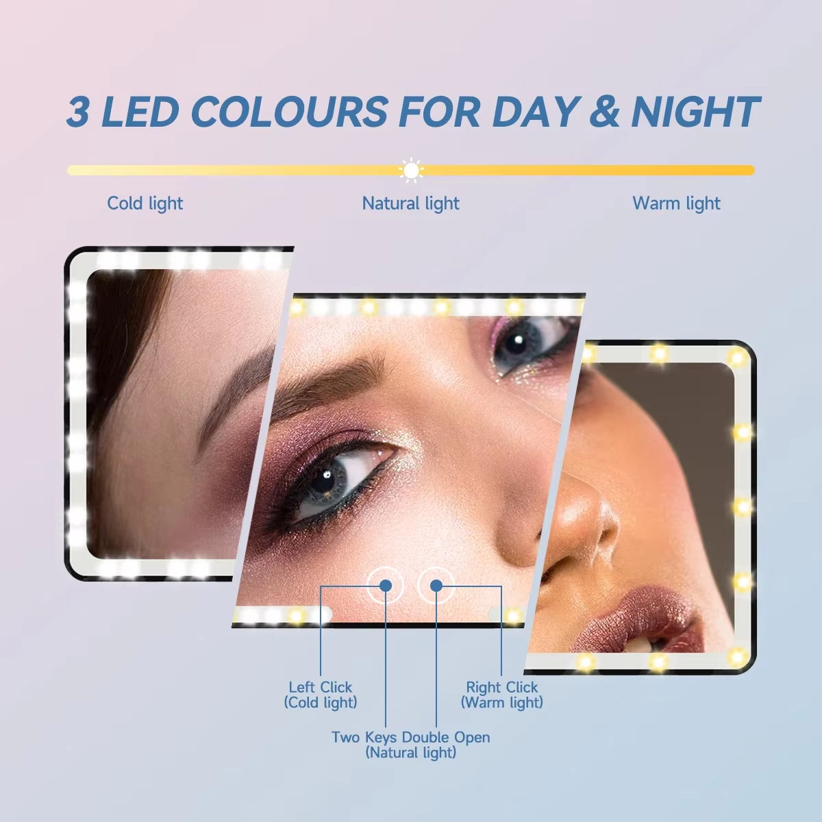 Dual Colors Car Sun Visor Makeup Mirror with LED Rechargeable 3 Modes Touch Screen Adjustable Brightness Auto Vanity HD Mirror