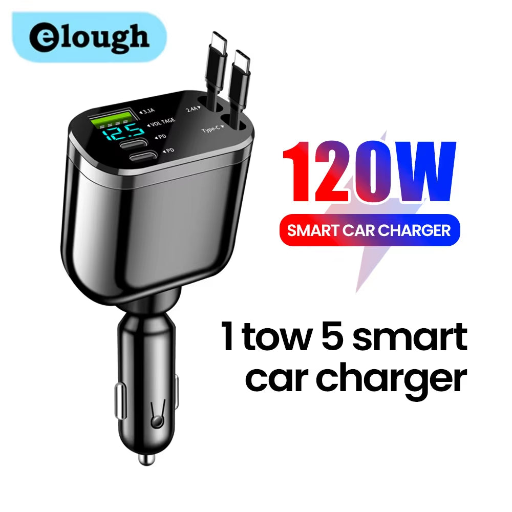PD Car Fast Charging Data Display Charging Extension Cable 5 in 1 Car Charger Suitable for Iphone 16 Samsung