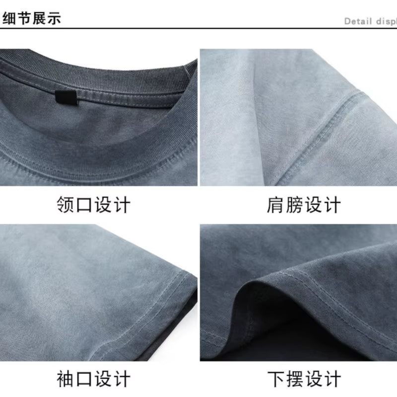 Mens Gradient Washed Loose Crew Neck Tee Streetwear Vintage Distressed Oversized Tshirt Man Casual Fashion Trendy Basic Top 2025