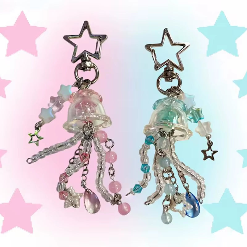 Pink Blue Matching Pastel Iridescent Jellyfish Keychains Beaded Y2K