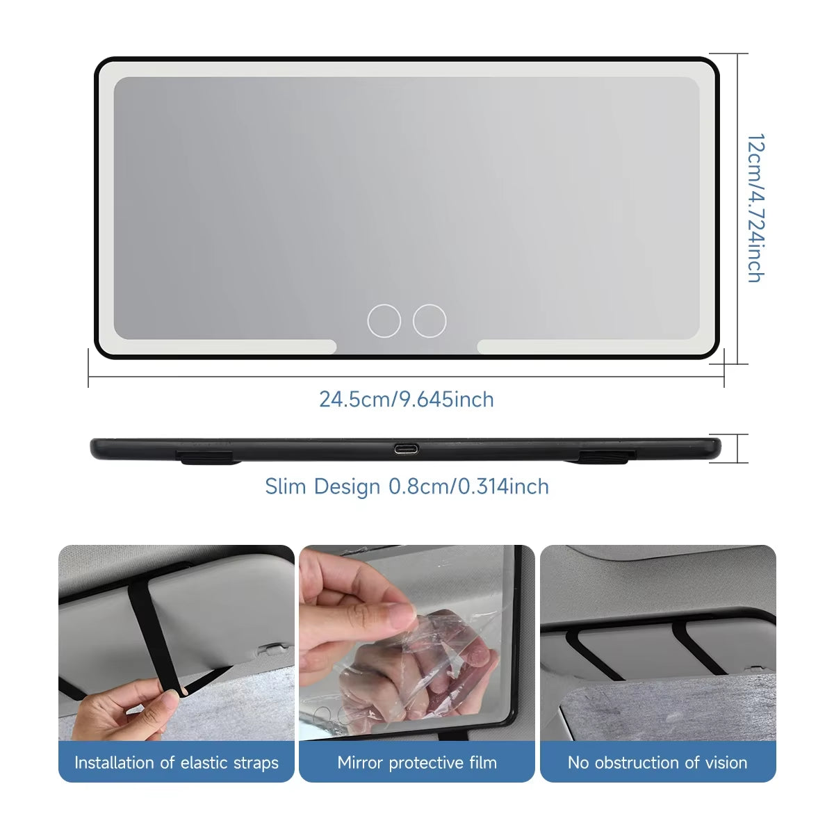 Dual Colors Car Sun Visor Makeup Mirror with LED Rechargeable 3 Modes Touch Screen Adjustable Brightness Auto Vanity HD Mirror