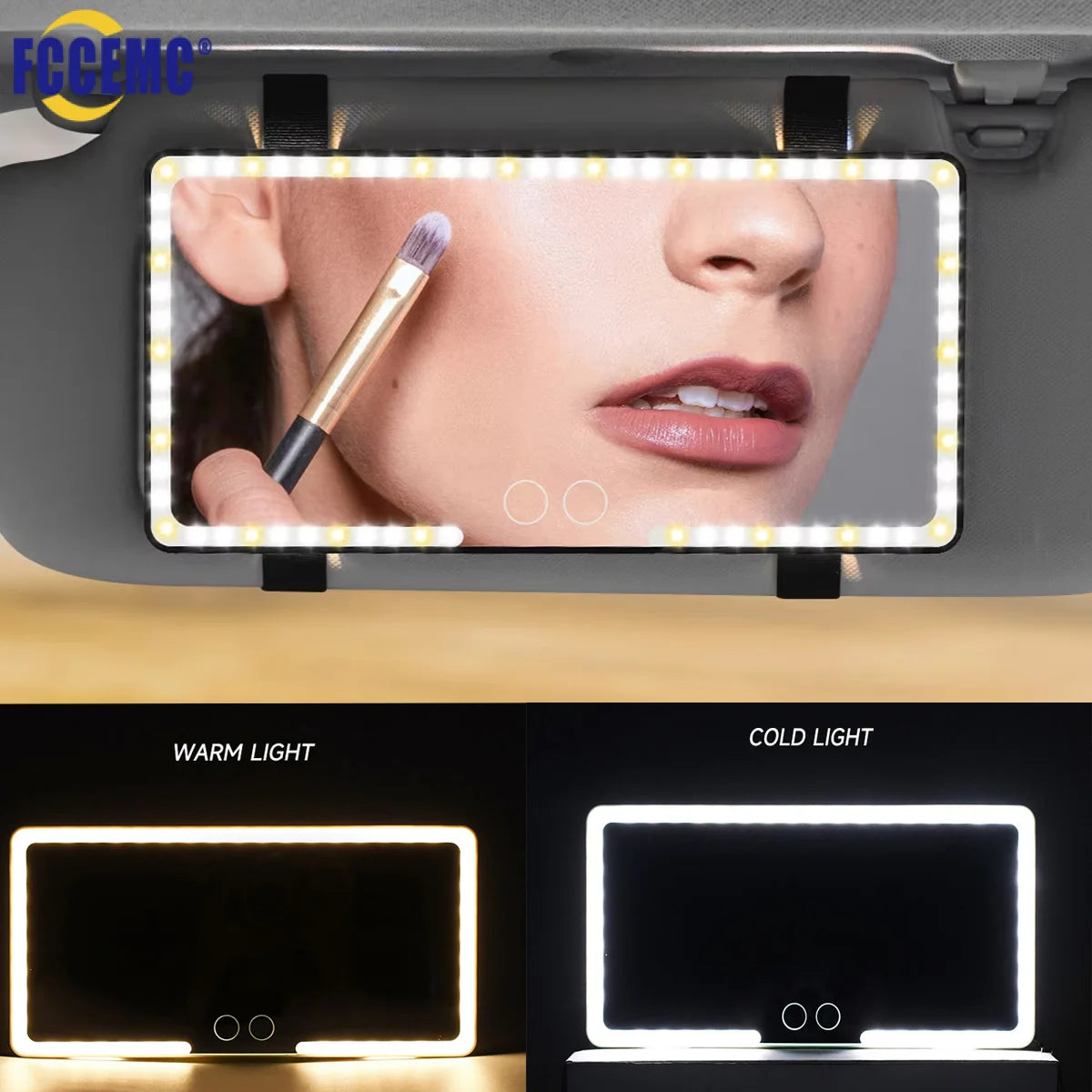 Dual Colors Car Sun Visor Makeup Mirror with LED Rechargeable 3 Modes Touch Screen Adjustable Brightness Auto Vanity HD Mirror