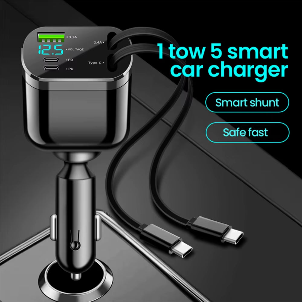 PD Car Fast Charging Data Display Charging Extension Cable 5 in 1 Car Charger Suitable for Iphone 16 Samsung