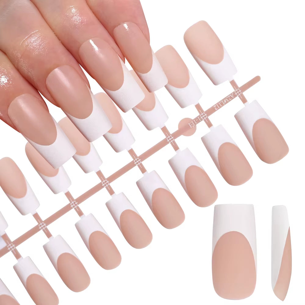 120Pcs Medium Long Square Acrylic French Fake Nails Full Cover Wearable French Press on Nails for Women Mixed Size False Nails