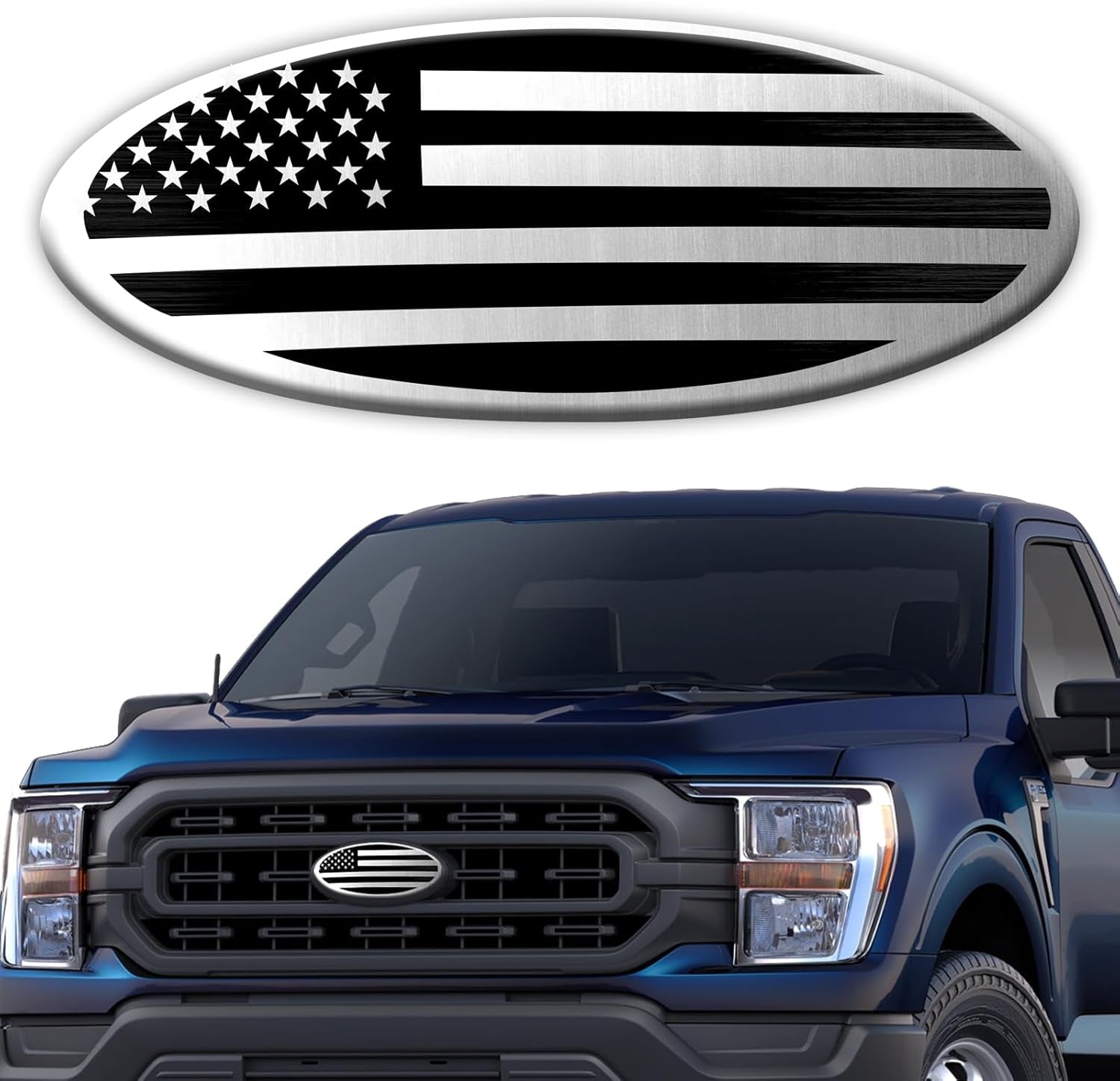 Silver American Flag Tailgate Emblem for Ford F150, F250, F350 - 9 Inch Aluminum Oval Overlay for Front Grill and Rear Tailgate