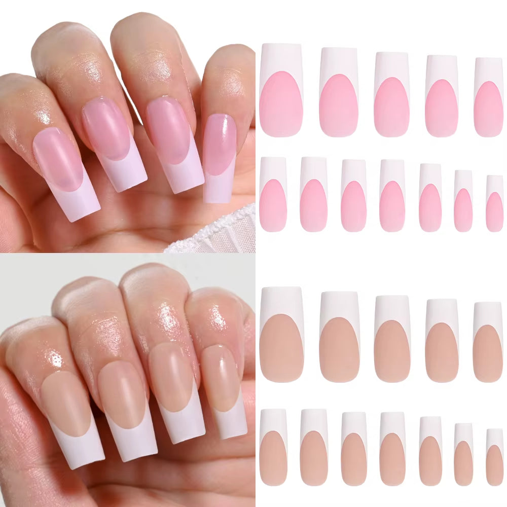 120Pcs Medium Long Square Acrylic French Fake Nails Full Cover Wearable French Press on Nails for Women Mixed Size False Nails